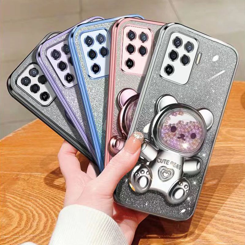 New - Transparent With Glitter Paper 2 in 1 Precision Hole Lens Phone Case (For OPPO A94 -4G/ Reno 5F/ Reno 5 Lite/ F19 Pro) Pearl Bear Support Protective Back Cover