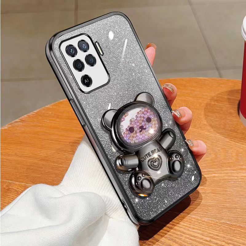 New - Transparent With Glitter Paper 2 in 1 Precision Hole Lens Phone Case (For OPPO A94 -4G/ Reno 5F/ Reno 5 Lite/ F19 Pro) Pearl Bear Support Protective Back Cover