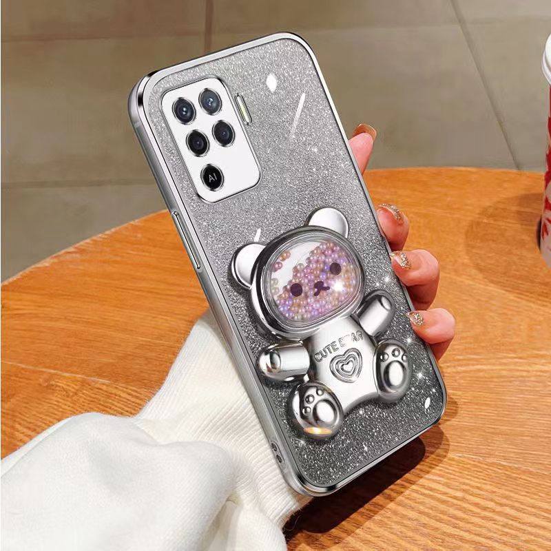 New - Transparent With Glitter Paper 2 in 1 Precision Hole Lens Phone Case (For OPPO A94 -4G/ Reno 5F/ Reno 5 Lite/ F19 Pro) Pearl Bear Support Protective Back Cover