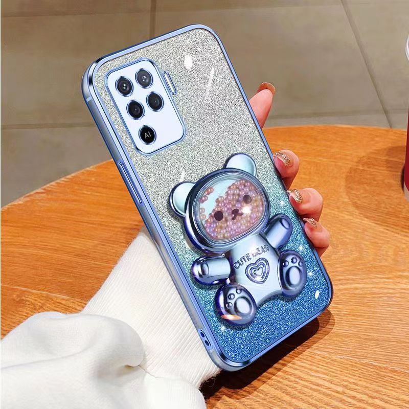 New - Transparent With Glitter Paper 2 in 1 Precision Hole Lens Phone Case (For OPPO A94 -4G/ Reno 5F/ Reno 5 Lite/ F19 Pro) Pearl Bear Support Protective Back Cover