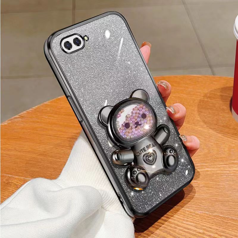 New - Transparent With Glitter Paper 2 in 1 Precision Hole Lens Phone Case (For OPPO A5/ OPPO A3s/ OPPO A12e) Pearl Bear Support Protective Back Cover