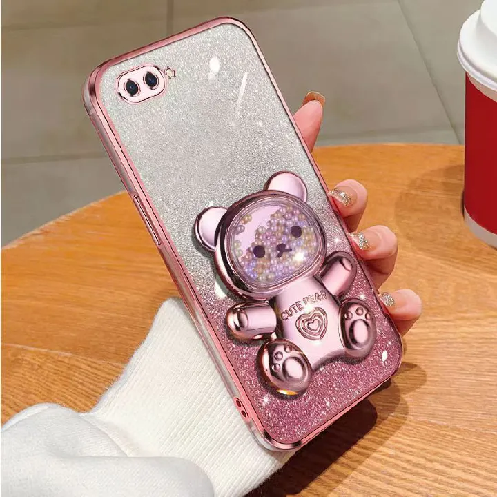 New - Transparent With Glitter Paper 2 in 1 Precision Hole Lens Phone Case (For OPPO A5/ OPPO A3s/ OPPO A12e) Pearl Bear Support Protective Back Cover