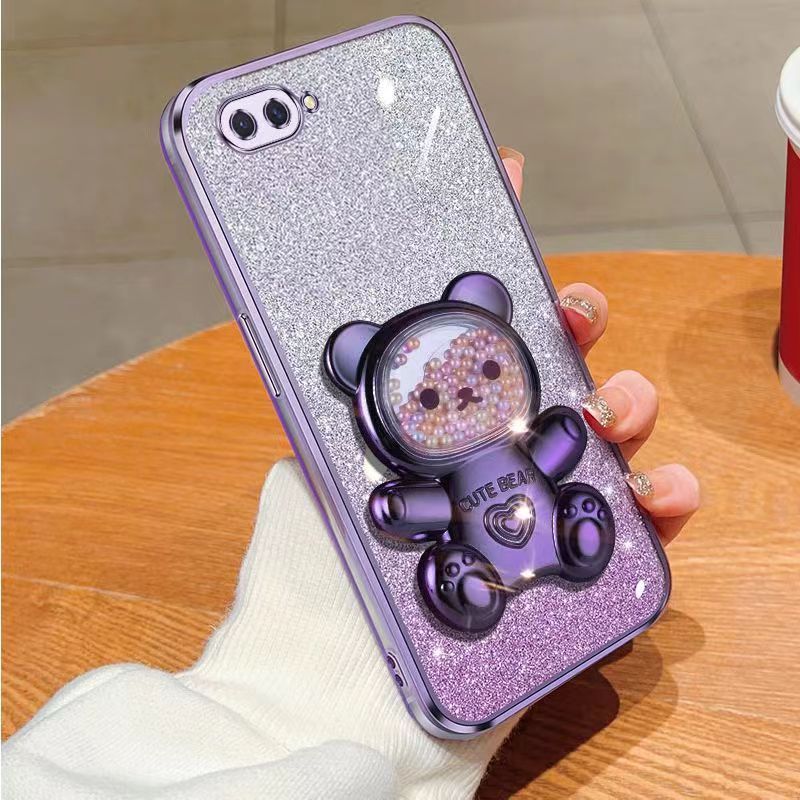New - Transparent With Glitter Paper 2 in 1 Precision Hole Lens Phone Case (For OPPO A5/ OPPO A3s/ OPPO A12e) Pearl Bear Support Protective Back Cover