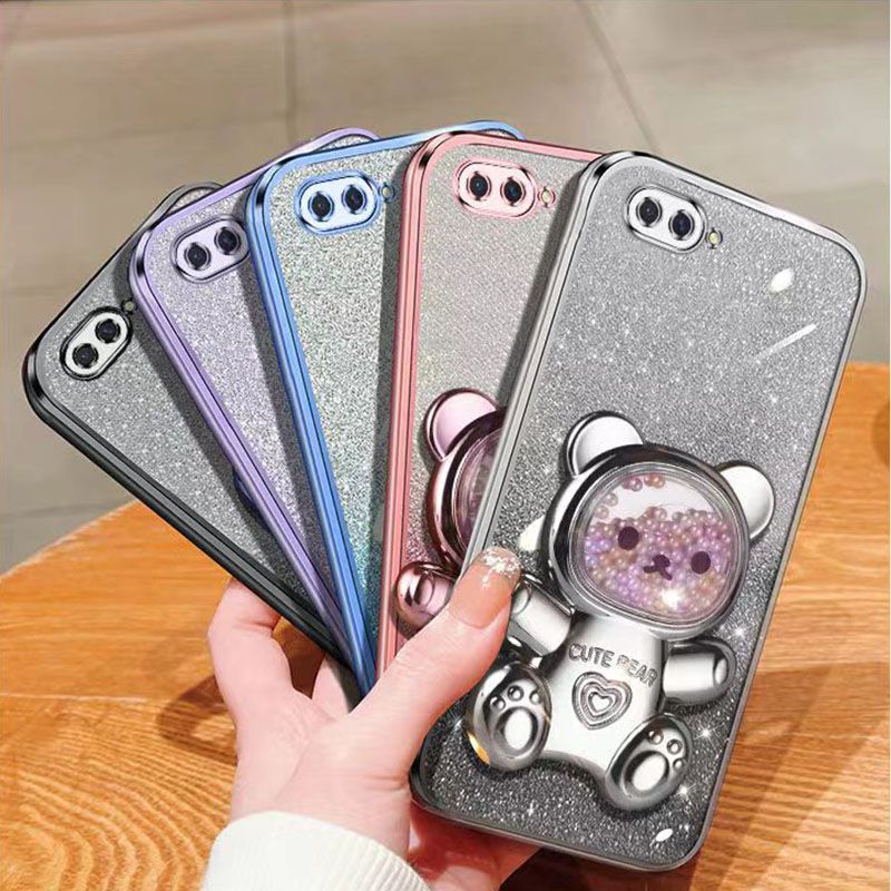 New - Transparent With Glitter Paper 2 in 1 Precision Hole Lens Phone Case (For OPPO A5/ OPPO A3s/ OPPO A12e) Pearl Bear Support Protective Back Cover