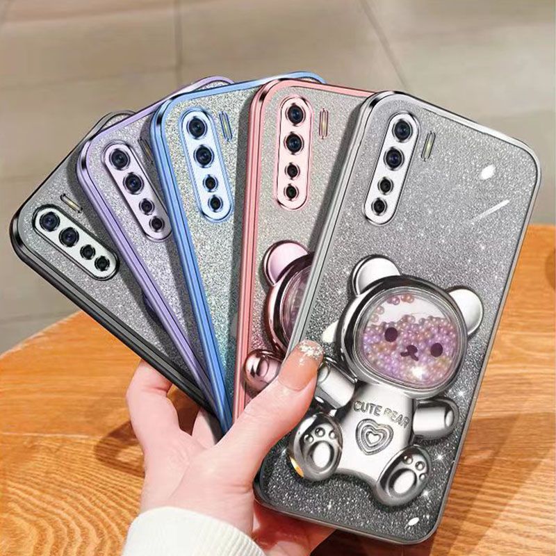 New - Transparent With Glitter Paper 2 in 1 Precision Hole Lens Phone Case (For OPPO A91/ Reno 3 -4G) Pearl Bear Support Protective Back Cover