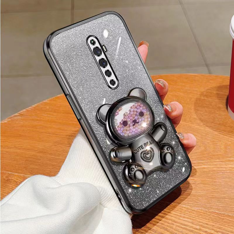 New - Transparent With Glitter Paper 2 in 1 Precision Hole Lens Phone Case (For OPPO Reno 2F/ Reno 2Z) Pearl Bear Support Protective Back Cover