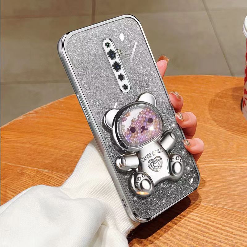 New - Transparent With Glitter Paper 2 in 1 Precision Hole Lens Phone Case (For OPPO Reno 2F/ Reno 2Z) Pearl Bear Support Protective Back Cover