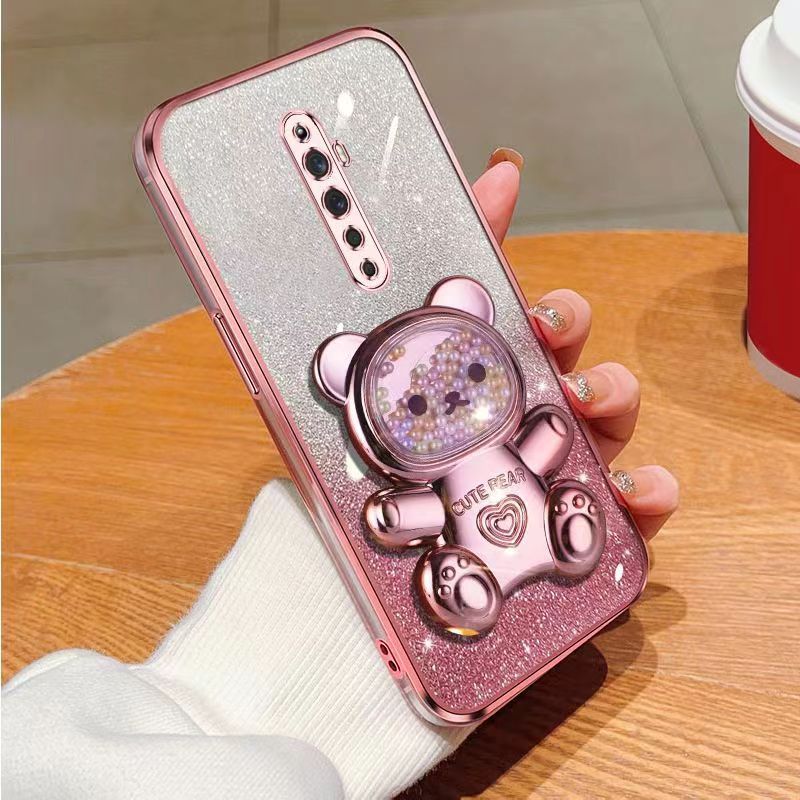 New - Transparent With Glitter Paper 2 in 1 Precision Hole Lens Phone Case (For OPPO Reno 2F/ Reno 2Z) Pearl Bear Support Protective Back Cover
