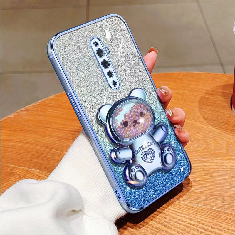 New - Transparent With Glitter Paper 2 in 1 Precision Hole Lens Phone Case (For OPPO Reno 2F/ Reno 2Z) Pearl Bear Support Protective Back Cover