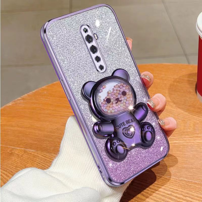 New - Transparent With Glitter Paper 2 in 1 Precision Hole Lens Phone Case (For OPPO Reno 2F/ Reno 2Z) Pearl Bear Support Protective Back Cover