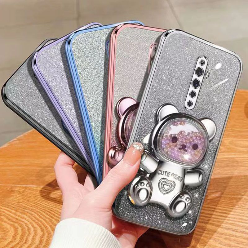 New - Transparent With Glitter Paper 2 in 1 Precision Hole Lens Phone Case (For OPPO Reno 2F/ Reno 2Z) Pearl Bear Support Protective Back Cover