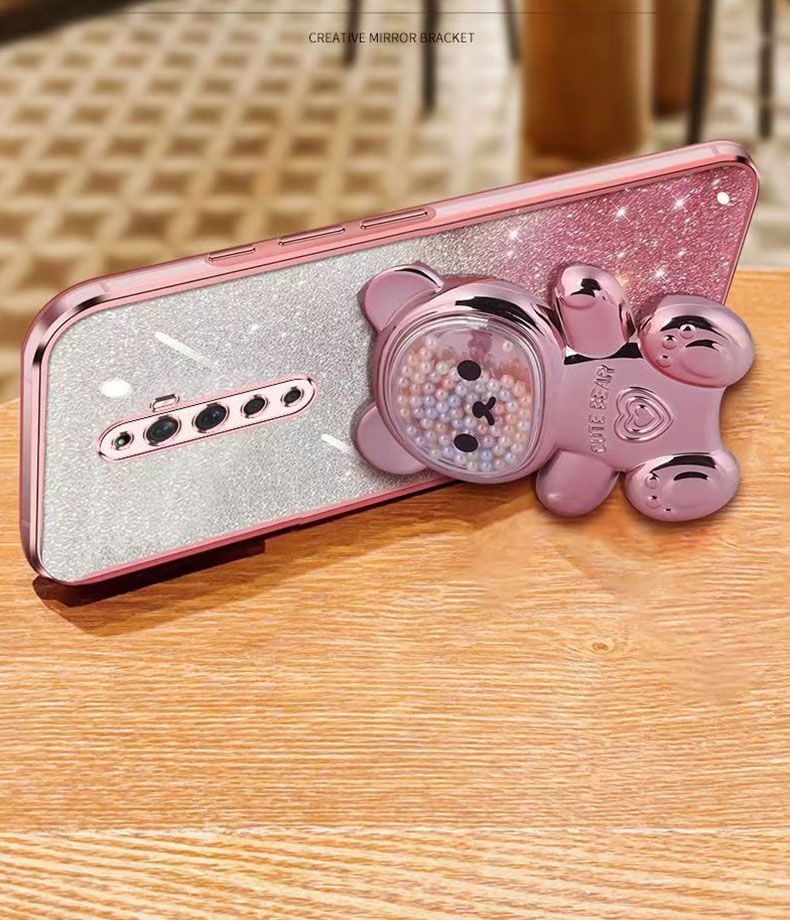 New - Transparent With Glitter Paper 2 in 1 Precision Hole Lens Phone Case (For OPPO Reno 2F/ Reno 2Z) Pearl Bear Support Protective Back Cover