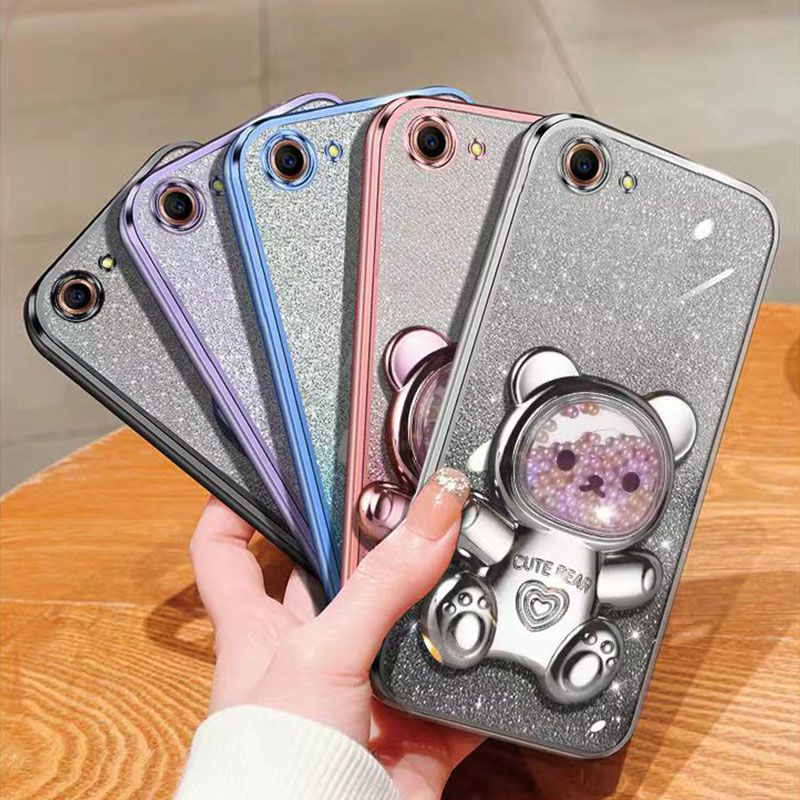 New - Transparent With Glitter Paper 2 in 1 Precision Hole Lens Phone Case (For OPPO A83) Pearl Bear Support Protective Back Cover