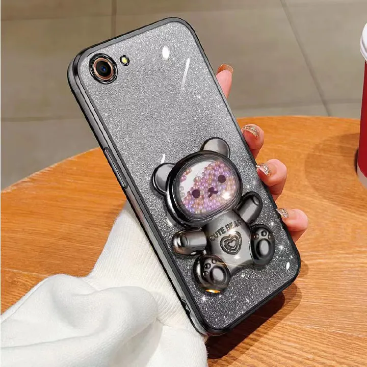 New - Transparent With Glitter Paper 2 in 1 Precision Hole Lens Phone Case (For OPPO A83) Pearl Bear Support Protective Back Cover