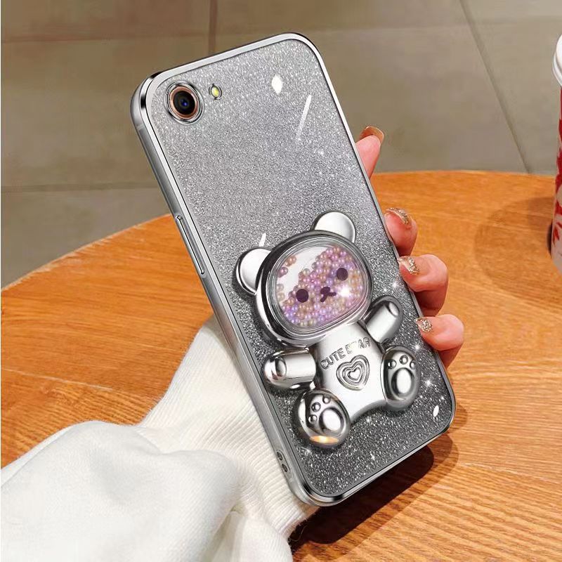 New - Transparent With Glitter Paper 2 in 1 Precision Hole Lens Phone Case (For OPPO A83) Pearl Bear Support Protective Back Cover