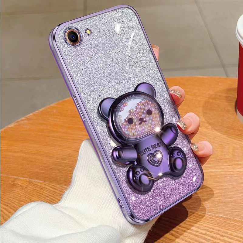 New - Transparent With Glitter Paper 2 in 1 Precision Hole Lens Phone Case (For OPPO A83) Pearl Bear Support Protective Back Cover