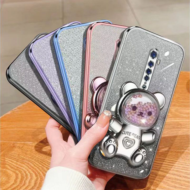 New - Transparent With Glitter Paper 2 in 1 Precision Hole Lens Phone Case (For OPPO Reno 2) Pearl Bear Support Protective Back Cover
