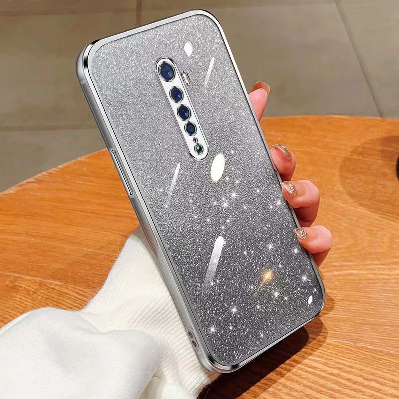 New - Transparent With Glitter Paper 2 in 1 Precision Hole Lens Phone Case (For OPPO Reno 2) Pearl Bear Support Protective Back Cover