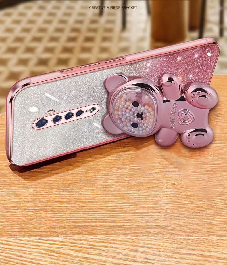 New - Transparent With Glitter Paper 2 in 1 Precision Hole Lens Phone Case (For OPPO Reno 2) Pearl Bear Support Protective Back Cover