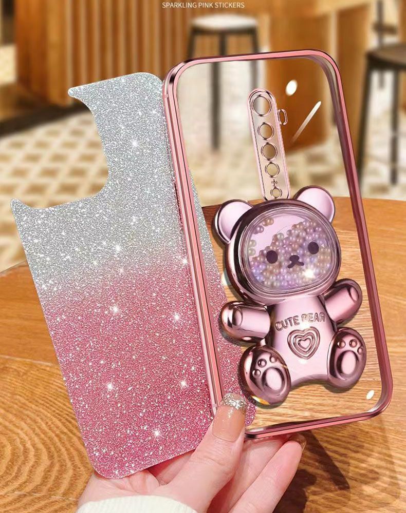 New - Transparent With Glitter Paper 2 in 1 Precision Hole Lens Phone Case (For OPPO Reno 2) Pearl Bear Support Protective Back Cover