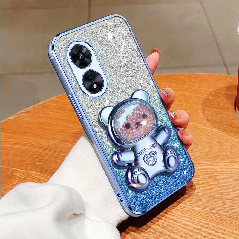 New - Transparent With Glitter Paper 2 in 1 Precision Hole Lens Phone Case (For OPPO A98 -5G) Pearl Bear Support Protective Back Cover