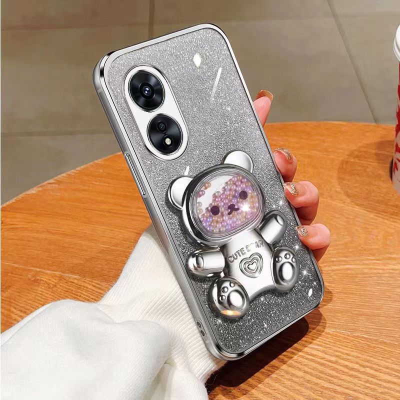 New - Transparent With Glitter Paper 2 in 1 Precision Hole Lens Phone Case (For OPPO A98 -5G) Pearl Bear Support Protective Back Cover