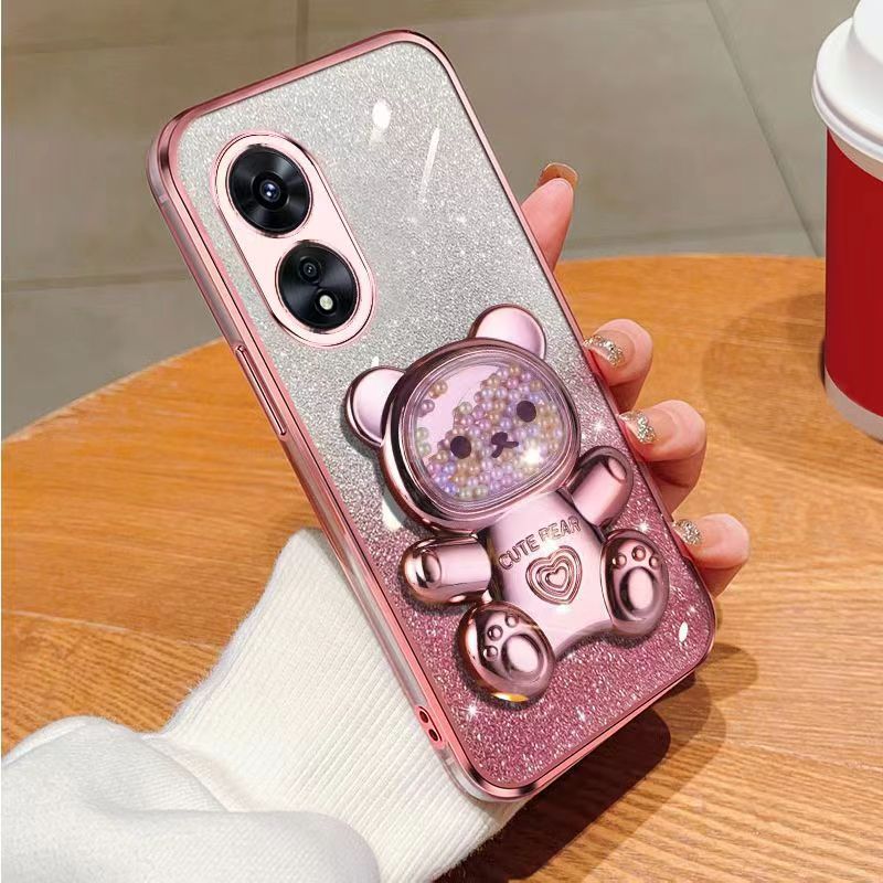 New - Transparent With Glitter Paper 2 in 1 Precision Hole Lens Phone Case (For OPPO A98 -5G) Pearl Bear Support Protective Back Cover