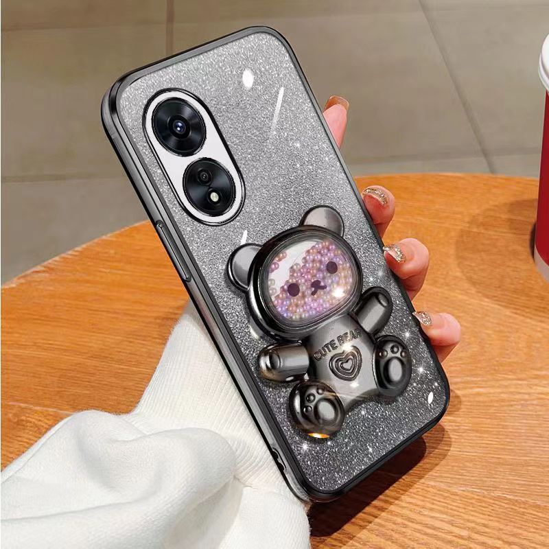 New - Transparent With Glitter Paper 2 in 1 Precision Hole Lens Phone Case (For OPPO A98 -5G) Pearl Bear Support Protective Back Cover