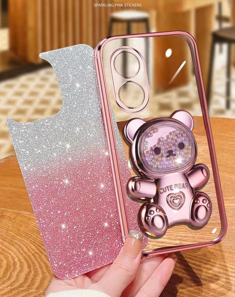 New - Transparent With Glitter Paper 2 in 1 Precision Hole Lens Phone Case (For OPPO A98 -5G) Pearl Bear Support Protective Back Cover
