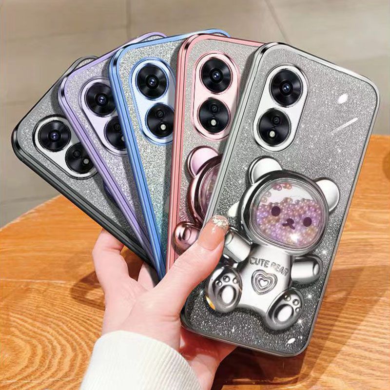 New - Transparent With Glitter Paper 2 in 1 Precision Hole Lens Phone Case (For OPPO A98 -5G) Pearl Bear Support Protective Back Cover