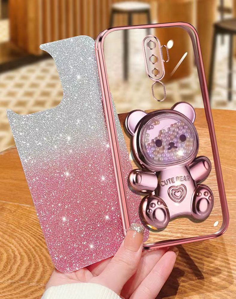 New - Transparent With Glitter Paper 2 in 1 Precision Hole Lens Phone Case (For OPPO A11/A11X/A9 2020/A5 2020) Pearl Bear Support Protective Back Cover