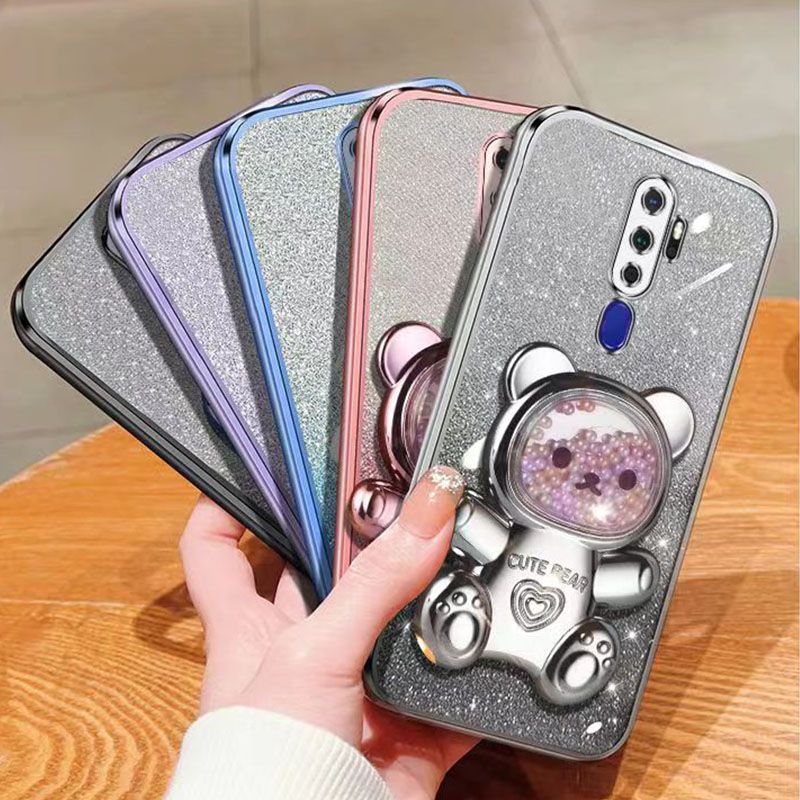 New - Transparent With Glitter Paper 2 in 1 Precision Hole Lens Phone Case (For OPPO A11/A11X/A9 2020/A5 2020) Pearl Bear Support Protective Back Cover