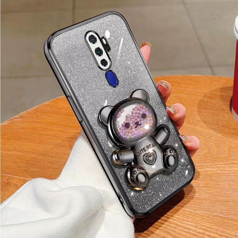 New - Transparent With Glitter Paper 2 in 1 Precision Hole Lens Phone Case (For OPPO A11/A11X/A9 2020/A5 2020) Pearl Bear Support Protective Back Cover