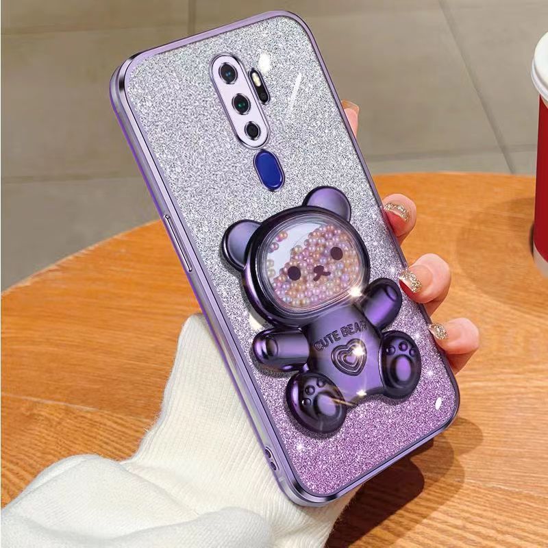 New - Transparent With Glitter Paper 2 in 1 Precision Hole Lens Phone Case (For OPPO A11/A11X/A9 2020/A5 2020) Pearl Bear Support Protective Back Cover