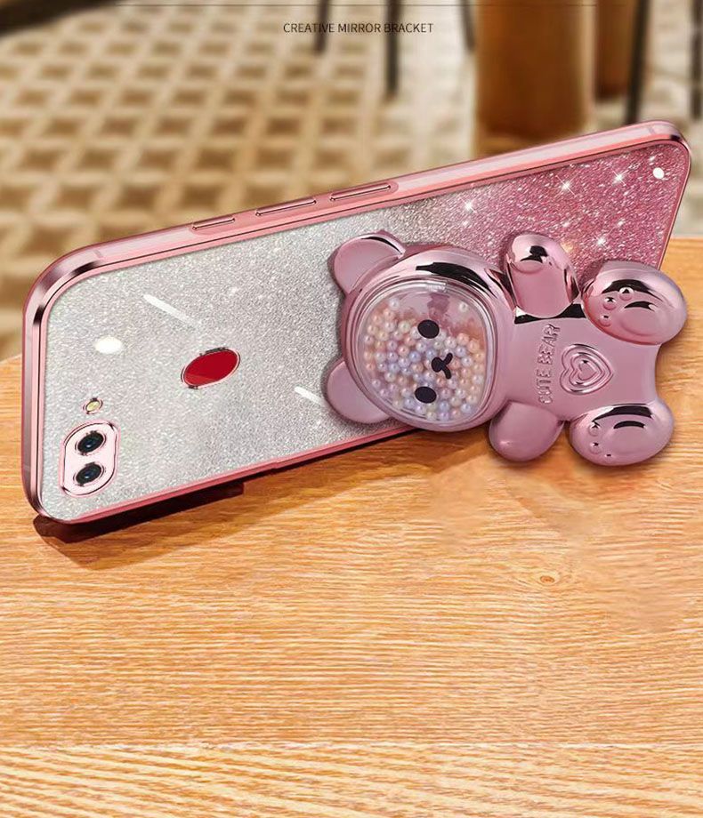 New - Transparent With Glitter Paper 2 in 1 Precision Hole Lens Phone Case (For OPPO R15) Pearl Bear Support Protective Back Cover