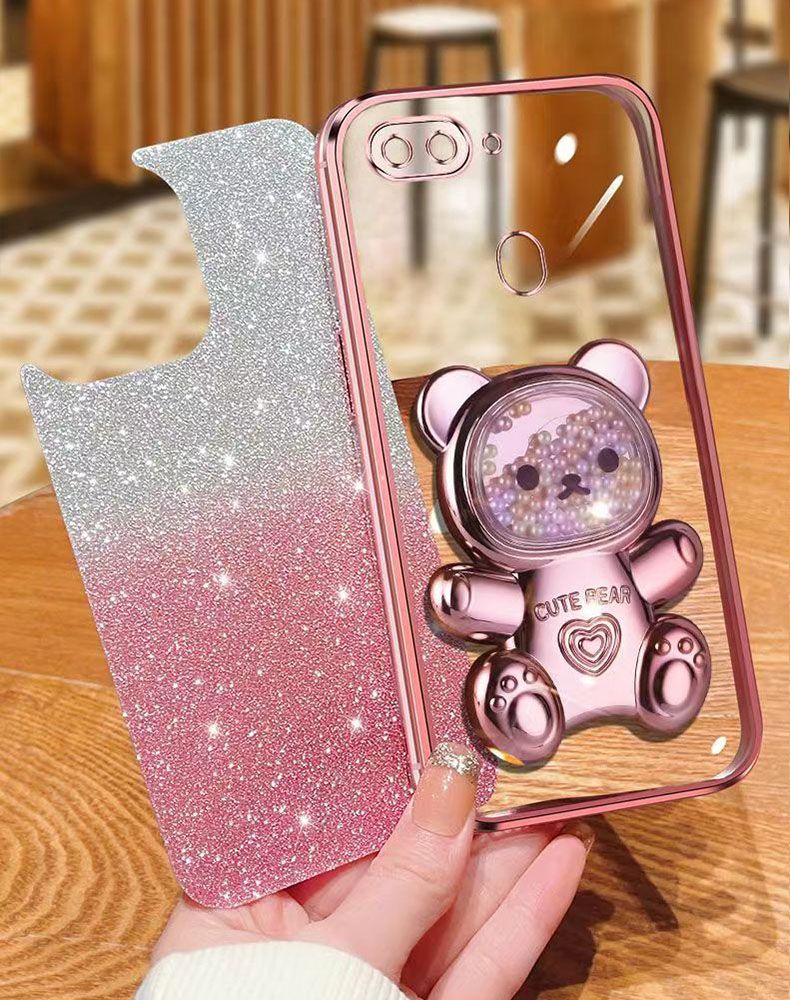 New - Transparent With Glitter Paper 2 in 1 Precision Hole Lens Phone Case (For OPPO R15) Pearl Bear Support Protective Back Cover