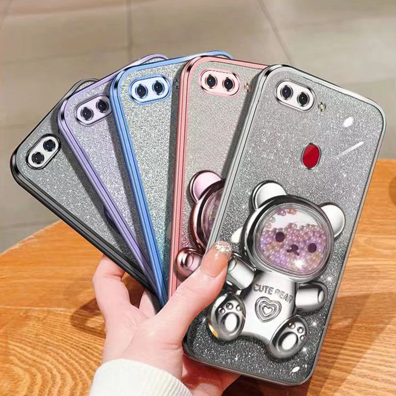 New - Transparent With Glitter Paper 2 in 1 Precision Hole Lens Phone Case (For OPPO R15) Pearl Bear Support Protective Back Cover