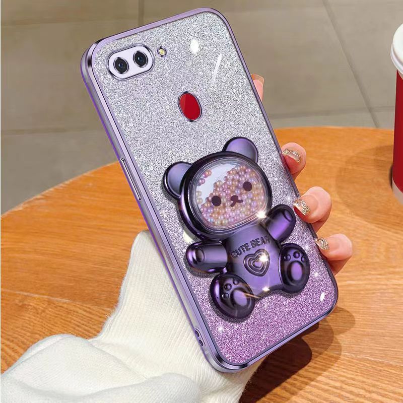 New - Transparent With Glitter Paper 2 in 1 Precision Hole Lens Phone Case (For OPPO R15) Pearl Bear Support Protective Back Cover
