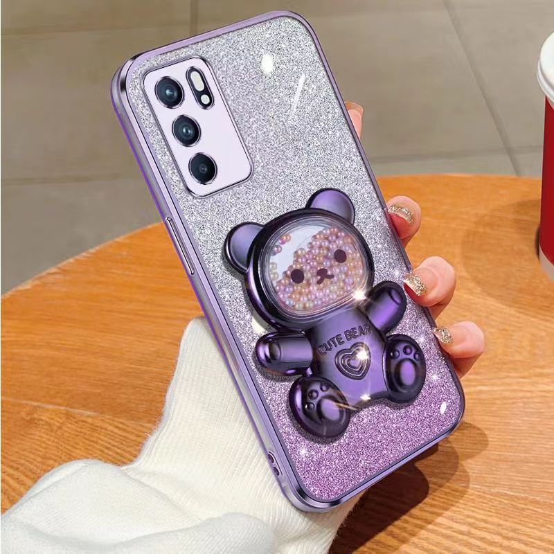 New - Transparent With Glitter Paper 2 in 1 Precision Hole Lens Phone Case (For OPPO Reno 6 -5G) Pearl Bear Support Protective Back Cover
