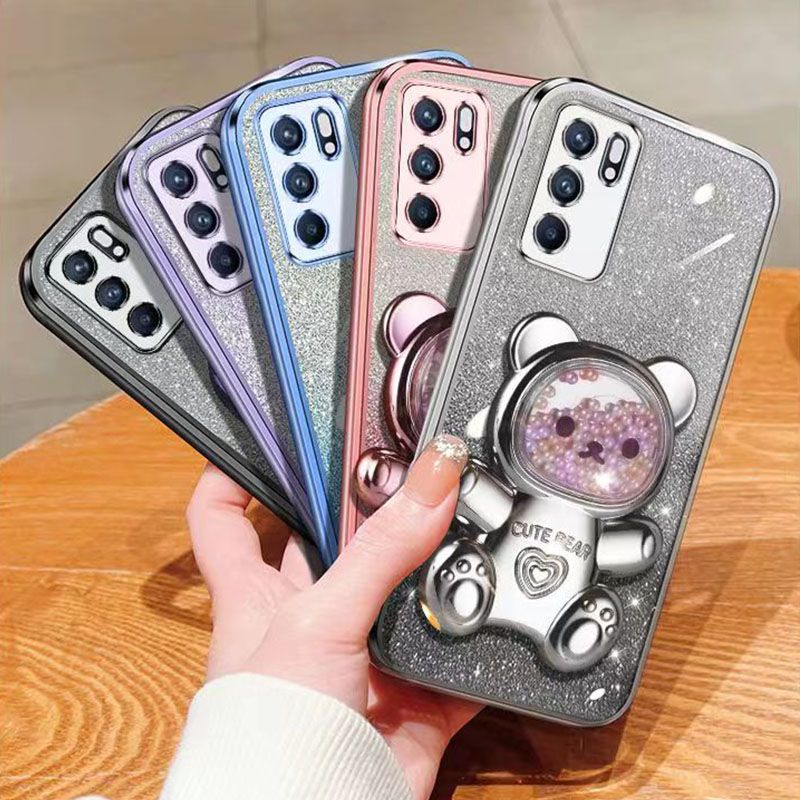New - Transparent With Glitter Paper 2 in 1 Precision Hole Lens Phone Case (For OPPO Reno 6 -5G) Pearl Bear Support Protective Back Cover