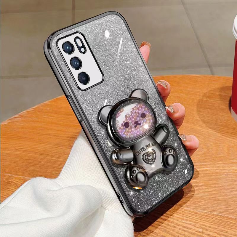 New - Transparent With Glitter Paper 2 in 1 Precision Hole Lens Phone Case (For OPPO Reno 6 -5G) Pearl Bear Support Protective Back Cover