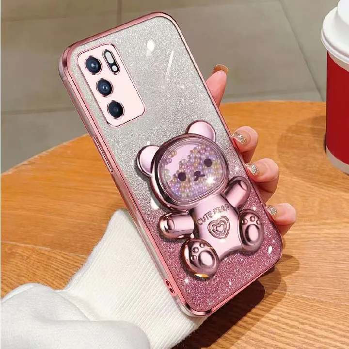 New - Transparent With Glitter Paper 2 in 1 Precision Hole Lens Phone Case (For OPPO Reno 6 -5G) Pearl Bear Support Protective Back Cover