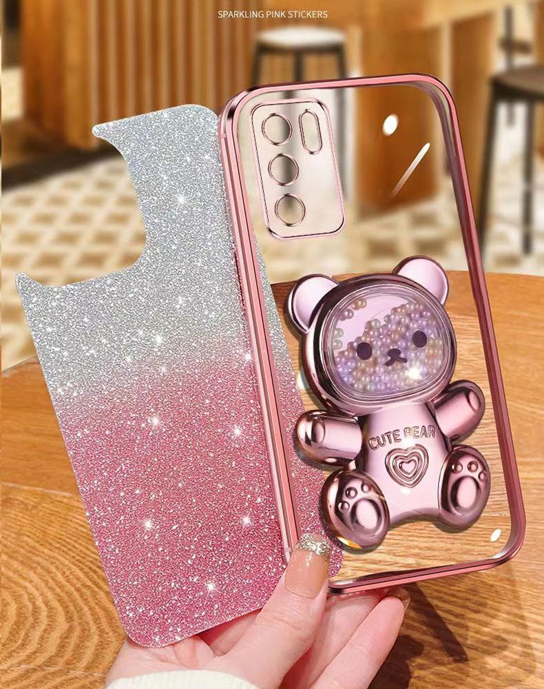 New - Transparent With Glitter Paper 2 in 1 Precision Hole Lens Phone Case (For OPPO Reno 6 -5G) Pearl Bear Support Protective Back Cover