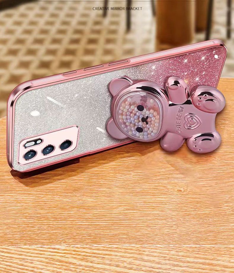 New - Transparent With Glitter Paper 2 in 1 Precision Hole Lens Phone Case (For OPPO Reno 6 -5G) Pearl Bear Support Protective Back Cover