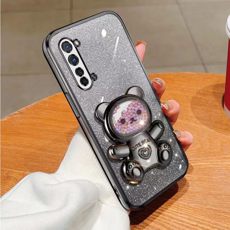New - Transparent With Glitter Paper 2 in 1 Precision Hole Lens Phone Case (For OPPO Reno 3 -5G) Pearl Bear Support Protective Back Cover