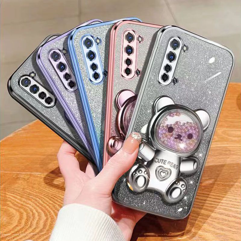 New - Transparent With Glitter Paper 2 in 1 Precision Hole Lens Phone Case (For OPPO Reno 3 -5G) Pearl Bear Support Protective Back Cover