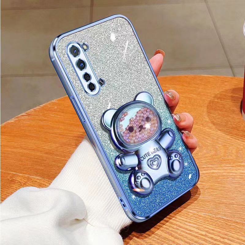 New - Transparent With Glitter Paper 2 in 1 Precision Hole Lens Phone Case (For OPPO Reno 3 -5G) Pearl Bear Support Protective Back Cover