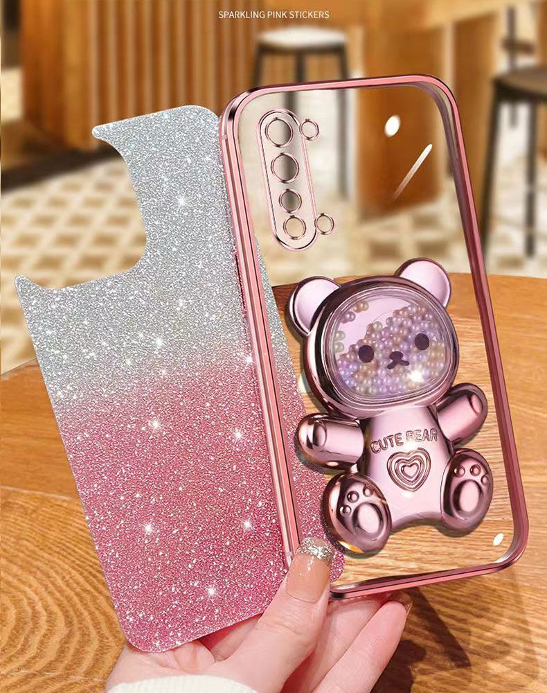 New - Transparent With Glitter Paper 2 in 1 Precision Hole Lens Phone Case (For OPPO Reno 3 -5G) Pearl Bear Support Protective Back Cover