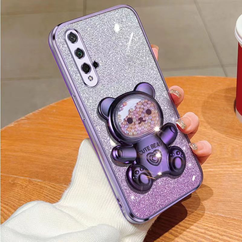 New - Transparent With Glitter Paper 2 in 1 Precision Hole Lens Phone Case (For Huawei Nova 5T / Honor 20) Pearl Bear Support Protective Back Cover