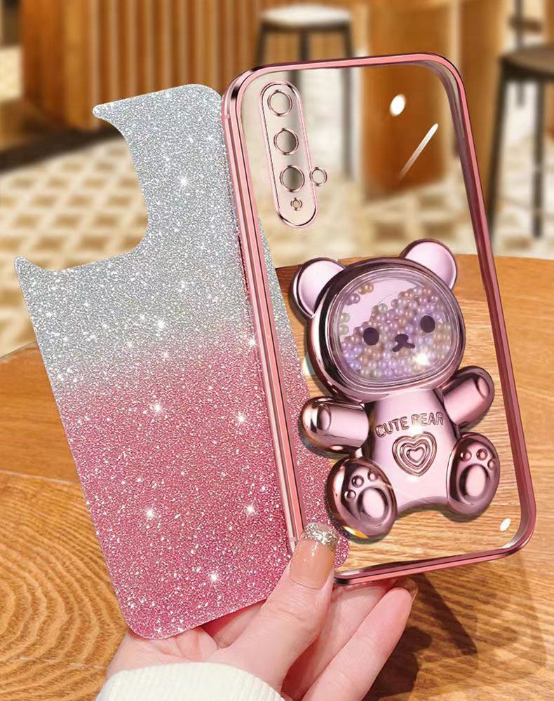 New - Transparent With Glitter Paper 2 in 1 Precision Hole Lens Phone Case (For Huawei Nova 5T / Honor 20) Pearl Bear Support Protective Back Cover